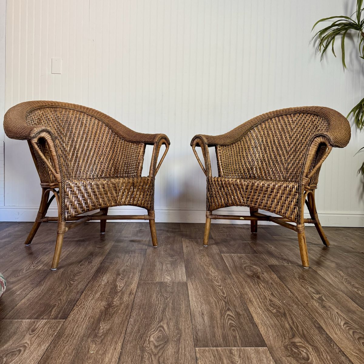 Pair Vintage Wicker Rattan Lounge Barrel Chairs