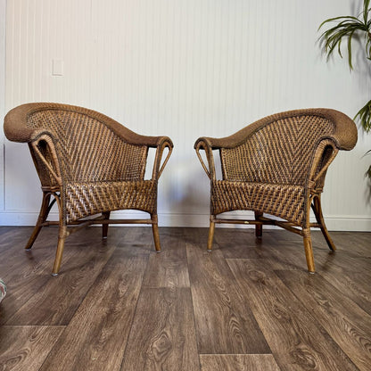 Pair Vintage Wicker Rattan Lounge Barrel Chairs