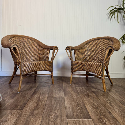 Pair Vintage Wicker Rattan Lounge Barrel Chairs