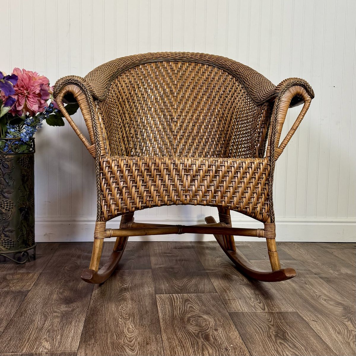Vintage Wicker Rattan Barrel Rocking Chair